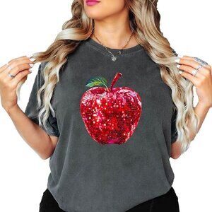 Slate Grey Disco Apple Graphic T-Shirt | Red Faux Glitter Apple Tee